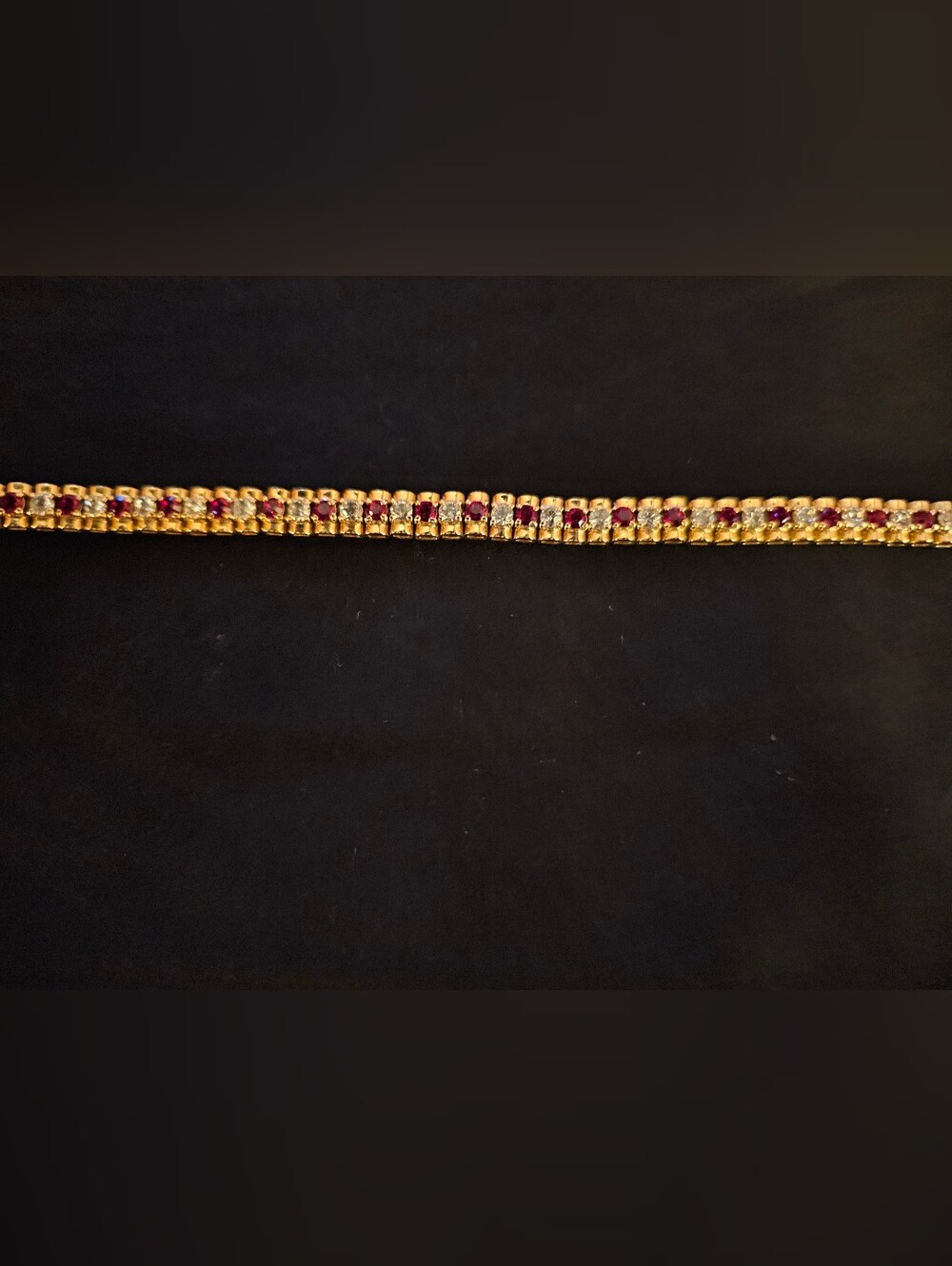 Monet Brand - Vintage Gold Tennis Bracelet with Red Gem Accents & Rhinestones